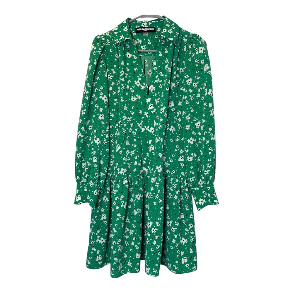 Karl Lagerfeld Paris Size-4 Green Floral Shirt Dress Long Sleeve Ruffle Zip